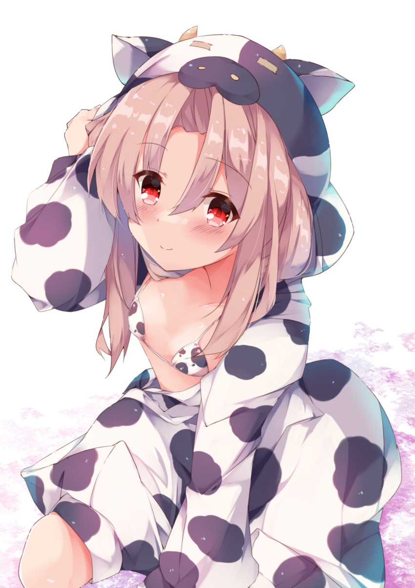 1girl animal_ears animal_hood animal_print arm_up bangs bikini blush breasts brown_hair closed_mouth cow_ears cow_hood cow_horns cow_print dress eyebrows_visible_through_hair fake_animal_ears fake_horns fuuna hair_between_eyes highres hood hood_up hooded_dress horns kantai_collection long_hair long_sleeves looking_at_viewer parted_bangs print_bikini print_dress red_eyes seiza sitting small_breasts smile solo swimsuit white_background white_bikini white_dress zuihou_(kantai_collection)