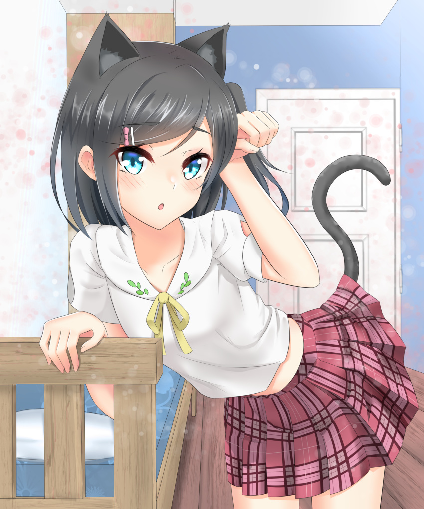 1girl :o absurdres animal_ears bangs bed black_hair blue_eyes blush cat_ears commentary cowboy_shot door eyebrows_visible_through_hair hair_ornament hairclip hentai_ouji_to_warawanai_neko. highres indoors leaning looking_at_viewer medium_hair midriff one_side_up paw_pose pink_skirt pleated_skirt ri_qing shirt short_sleeves sidelocks skirt solo tail tail_lift tsutsukakushi_tsukiko white_shirt