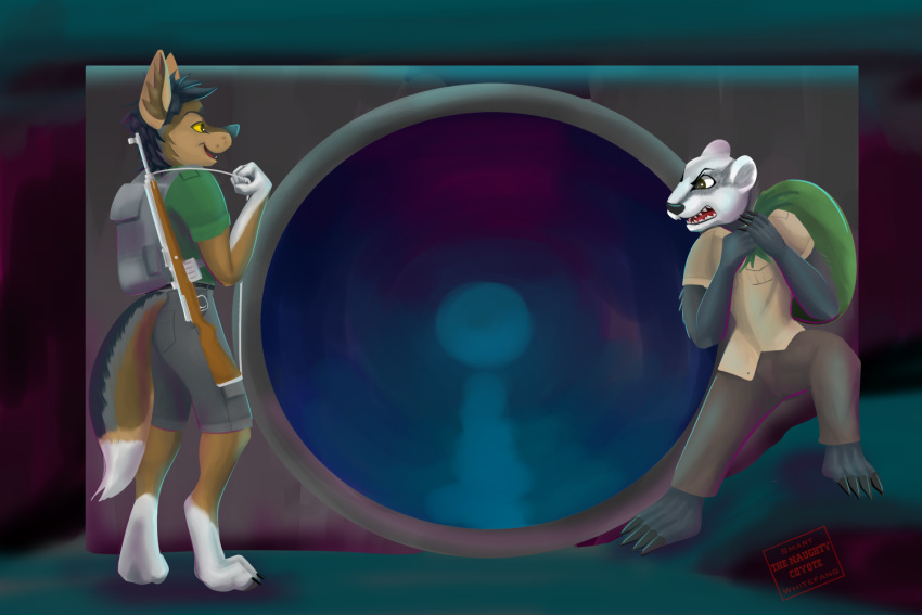 3:2 anthro badger canid canine canis clothed clothing coyote duo gun male mammal mustelid musteline partners ranged_weapon rifle smartwhitefang the_naughty_coyote weapon