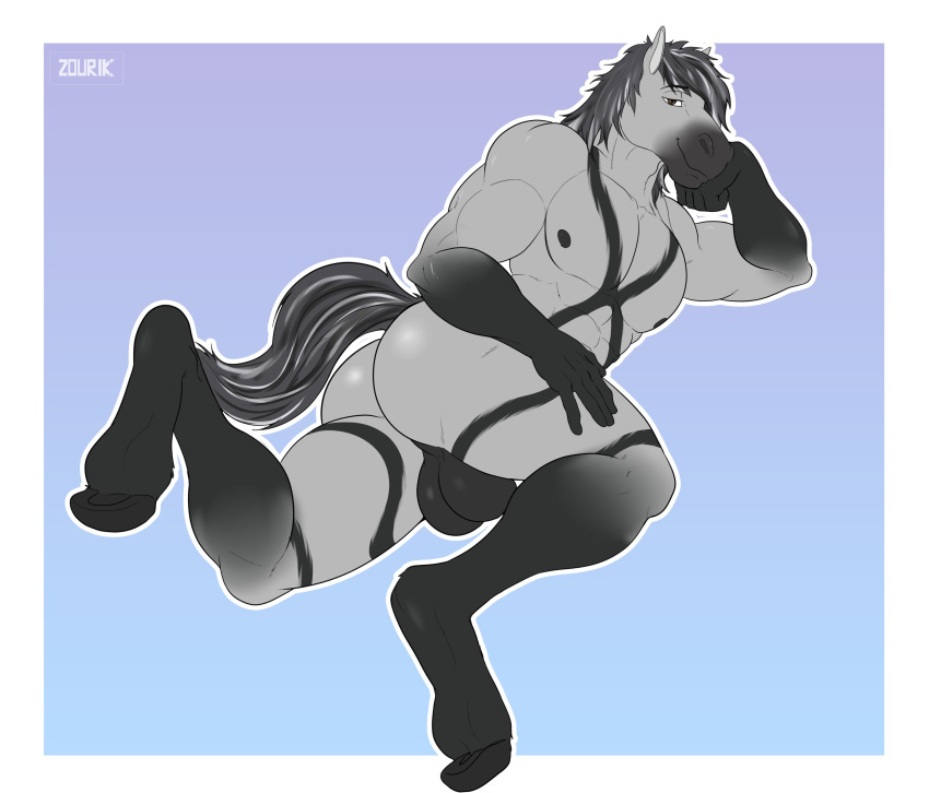 2021 absurd_res anthro arm_support backsack balls bedroom_eyes biceps big_balls black_body black_fur black_hair blue_background butt equid equine fur genitals gradient_background grey_body grey_fur grin hair hand_on_leg hand_on_thigh hi_res hooves horse looking_at_viewer lying male mammal multicolored_body multicolored_fur muscular muscular_anthro muscular_male narrowed_eyes nipples nude on_front pecs pinup pose presenting presenting_hindquarters quads seductive simple_background smile solo triceps two_tone_body two_tone_fur zourik