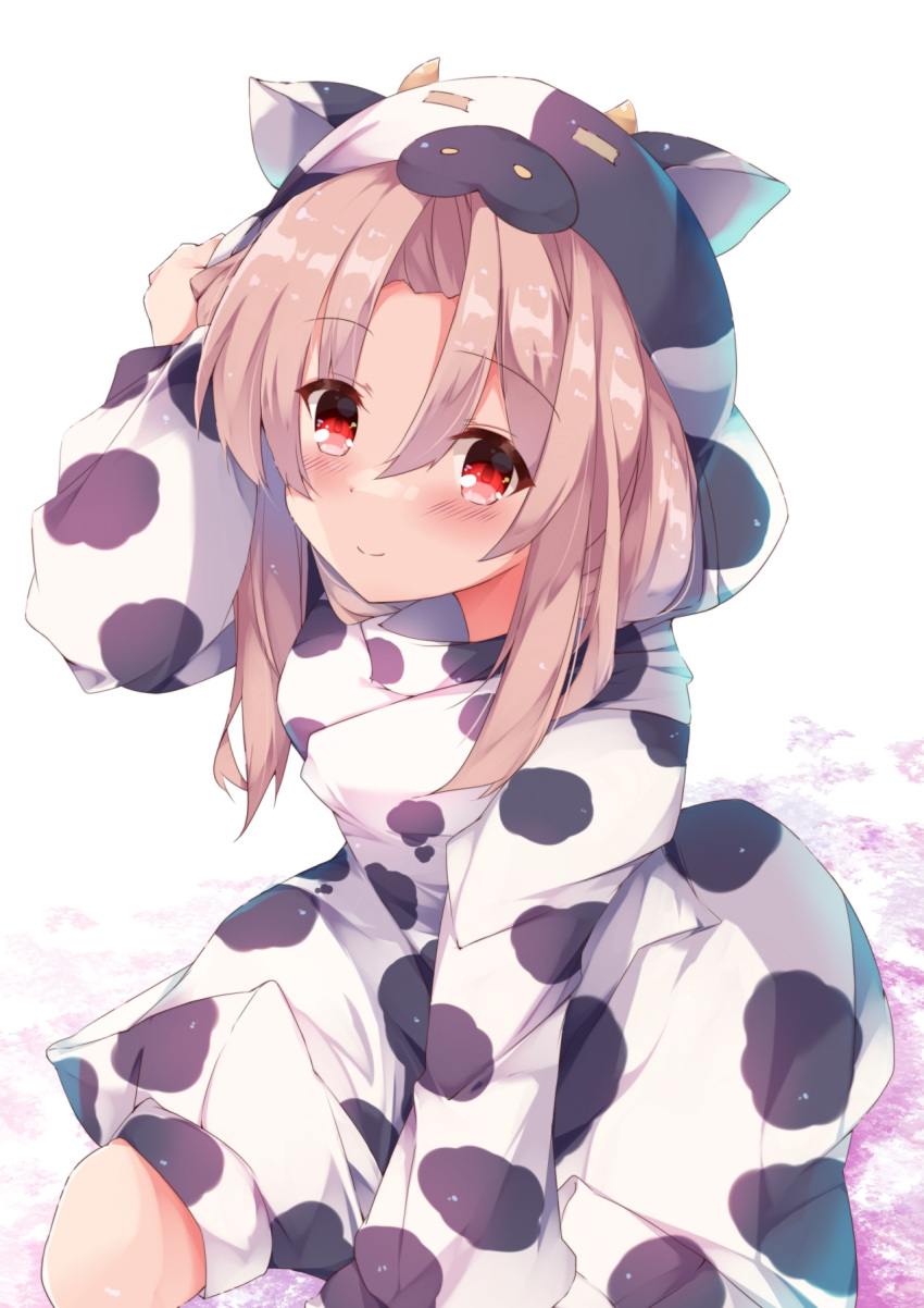 1girl animal_ears animal_hood animal_print arm_up bangs blush brown_hair closed_mouth commentary_request cow_ears cow_hood cow_horns cow_print dress eyebrows_visible_through_hair fake_animal_ears fake_horns fuuna hair_between_eyes highres hood hood_up hooded_dress horns kantai_collection long_hair long_sleeves looking_at_viewer parted_bangs print_dress red_eyes seiza sitting smile solo white_background white_dress zuihou_(kantai_collection)