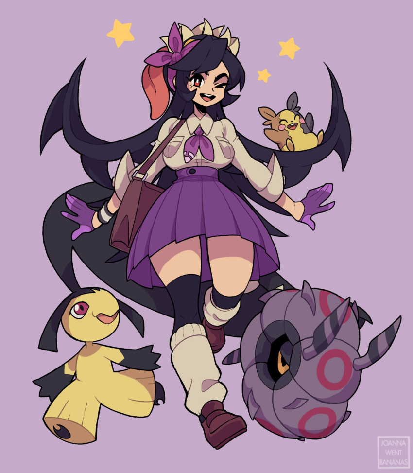 1girl artist_name bag black_hair breast_pocket brown_bag brown_footwear collared_shirt english_commentary extra_mouth filia_(skullgirls) full_body gen_3_pokemon gen_5_pokemon gen_8_pokemon gloves highres jojowentbananas living_hair long_hair long_sleeves looking_at_viewer mawile morpeko morpeko_(full) neckerchief one_eye_closed open_mouth pleated_skirt pocket pokemon pokemon_(game) prehensile_hair purple_background purple_gloves purple_neckwear purple_skirt red_eyes samson_(skullgirls) shirt shoes shoulder_bag simple_background skirt skullgirls smile socks solo star_(symbol) thighhighs very_long_hair walking whirlipede white_shirt