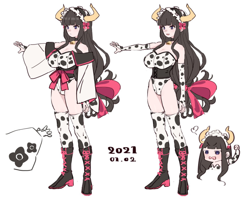 1girl 2021 animal_print bangs bare_shoulders bell bell_choker black_choker black_footwear blunt_bangs boots bow breasts bridal_gauntlets brown_hair character_sheet chinese_zodiac choker cleavage closed_mouth corset cow_print cowbell dated frills horns leotard long_hair michitaro_smile open_mouth original pink_bow purple_eyes simple_background smile standing thighhighs white_background white_legwear year_of_the_ox
