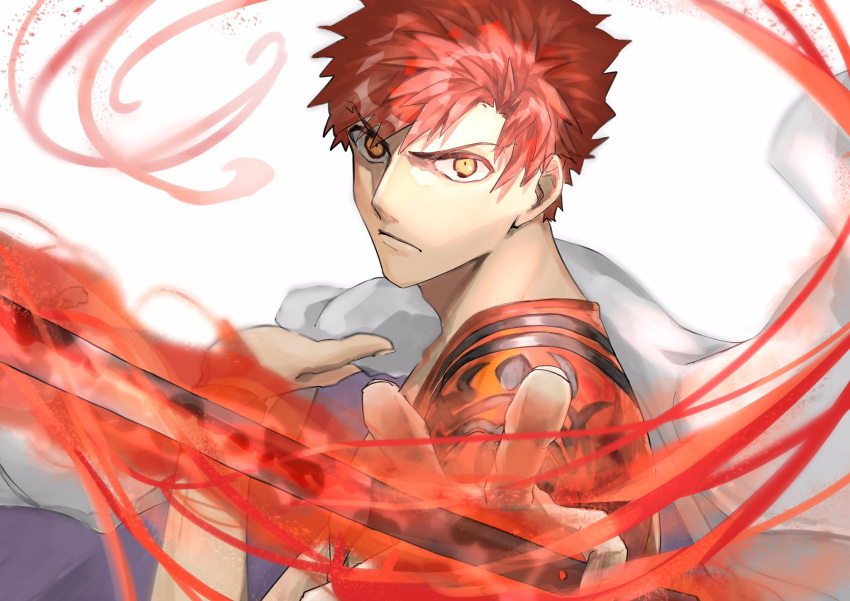 1boy bangs cape close-up emiya_shirou fate/grand_order fate_(series) from_side highres holding holding_cape katana limited/zero_over looking_at_viewer male_focus outstretched_hand red_hair sa_nomaru sengo_muramasa_(fate) serious solo sword weapon yellow_eyes