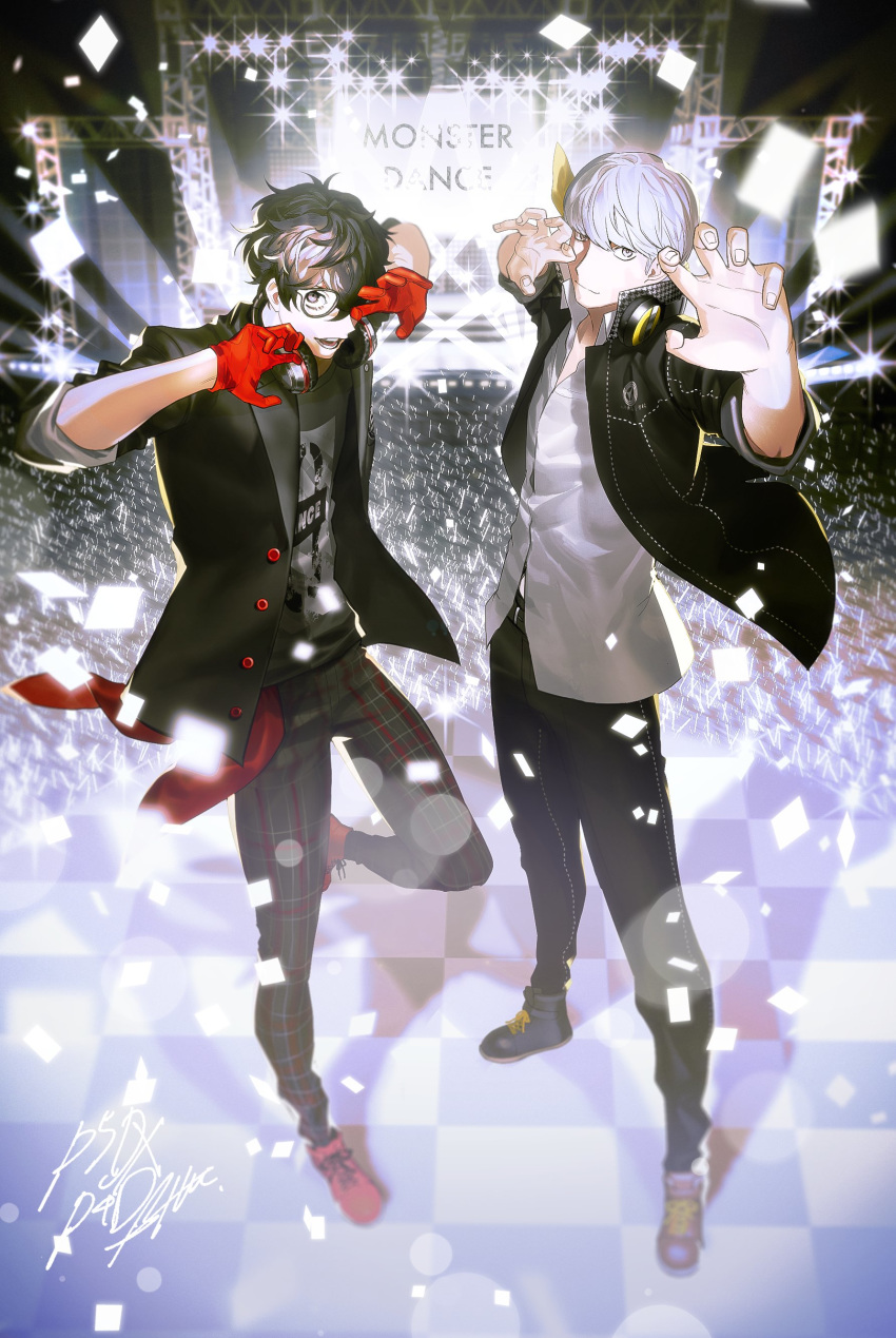 2boys absurdres amamiya_ren audience bangs black-framed_eyewear black_hair black_jacket black_pants black_shirt btmr_game closed_mouth confetti copyright_name glasses gloves hair_between_eyes headphones headphones_around_neck high_collar highres jacket leg_up male_focus multiple_boys narukami_yuu open_mouth pants persona persona_4 persona_4:_dancing_all_night persona_5 persona_5:_dancing_star_night persona_dancing plaid plaid_pants pose red_gloves shirt signature silver_hair sleeves_rolled_up stage standing white_shirt