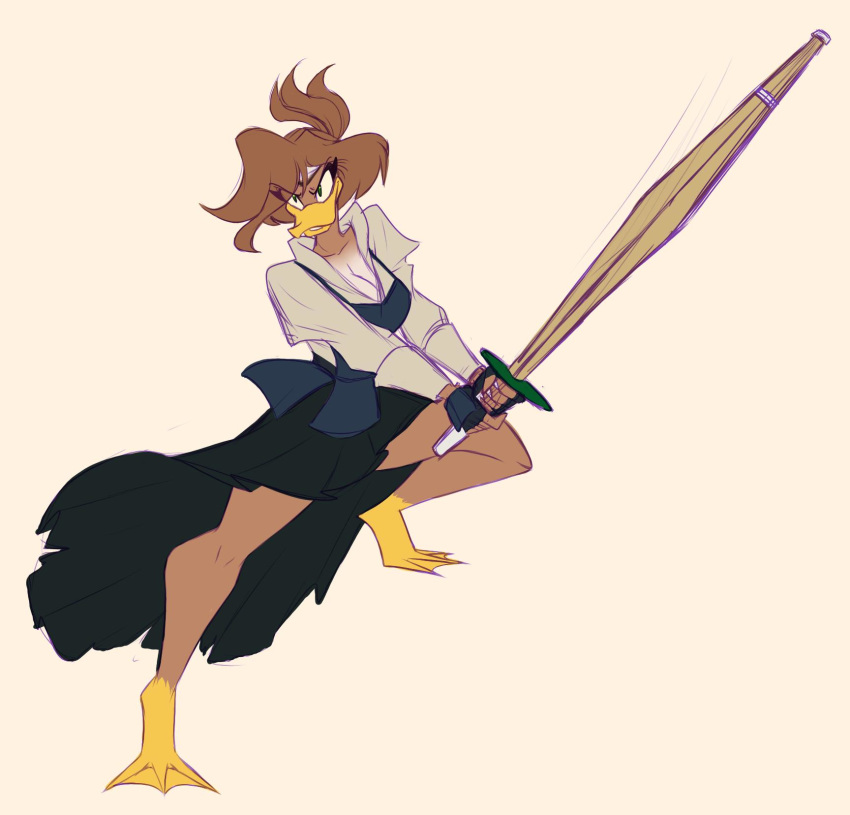 anatid anseriform anthro avian bird clothed clothing duck female fighting_pose front_view hair hi_res holding_object looking_aside ooo-belise-ooo pose practice_sword simple_background solo wooden_sword
