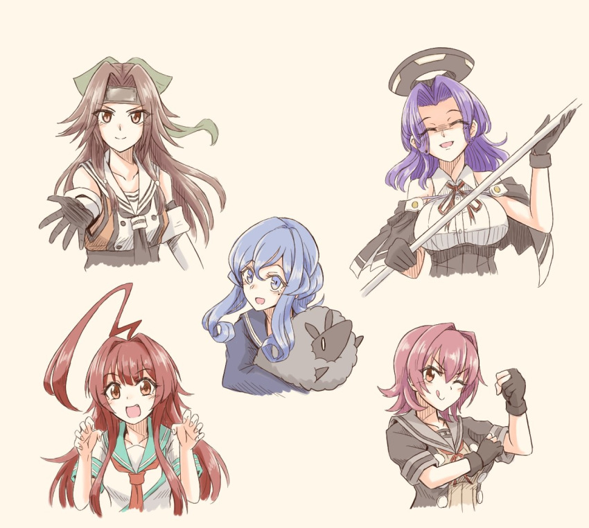 5girls :q ahoge animal bangs black_gloves blue_hair bow breasts brown_hair capelet claw_pose clenched_hand closed_eyes cropped_torso elbow_gloves fang gloves gotland_(kantai_collection) hair_between_eyes hair_bow hair_bun headband holding holding_animal holding_weapon huge_ahoge jintsuu_(kantai_collection) kantai_collection kinu_(kantai_collection) kuma_(kantai_collection) large_breasts long_hair long_sleeves mechanical_halo mole mole_under_eye multiple_girls one_eye_closed open_mouth partially_fingerless_gloves polearm purple_hair red_hair remodel_(kantai_collection) sailor_collar school_uniform serafuku shaded_face sheep short_hair short_sleeves sidelocks simple_background sleeveless smile suke_(share_koube) tatsuta_(kantai_collection) tongue tongue_out upper_body weapon yellow_background