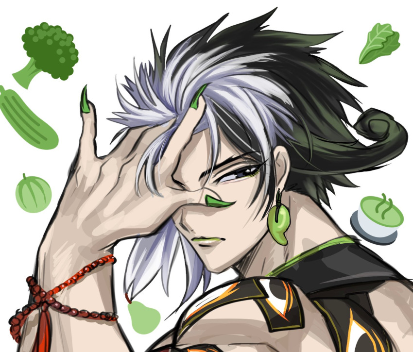 1boy alternate_hair_length alternate_hairstyle ashiya_douman_(fate) asymmetrical_hair bead_bracelet beads black_eyes black_hair bracelet broccoli close-up cucumber curly_hair earrings fate/grand_order fate_(series) fingernails food from_behind fruit green_nails green_tea highres jewelry lettuce magatama magatama_earrings male_focus multicolored_hair muscular muscular_male nonono_nagata orange pear sharp_fingernails short_hair solo tea two-tone_hair very_long_fingernails white_background white_hair