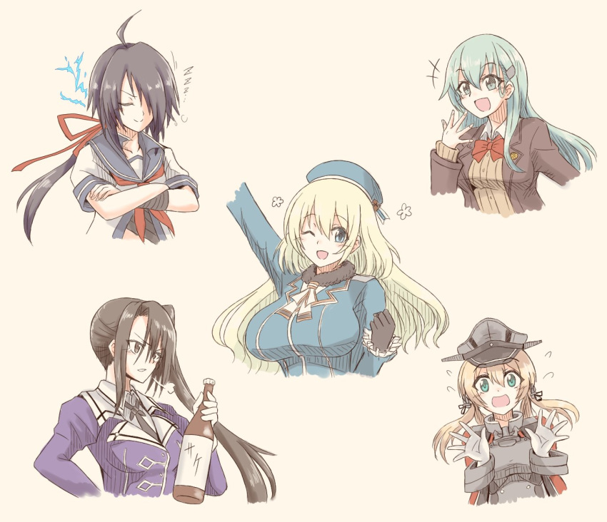 5girls =3 ahoge anchor_hair_ornament aqua_hair atago_(kantai_collection) bangs black_gloves black_hair blonde_hair bottle breasts brown_jacket closed_eyes cropped_torso crossed_arms electricity eyebrows_visible_through_hair gloves hair_between_eyes hair_ornament hair_over_one_eye hair_ribbon hairclip hat holding holding_bottle huge_breasts jacket kako_(kantai_collection) kantai_collection large_breasts long_hair long_sleeves military military_uniform multiple_girls nachi_(kantai_collection) one_eye_closed open_mouth peaked_cap ponytail prinz_eugen_(kantai_collection) red_neckwear remodel_(kantai_collection) ribbon sailor_collar school_uniform serafuku sidelocks simple_background suke_(share_koube) suzuya_(kantai_collection) twintails uniform upper_body white_gloves yellow_background zzz