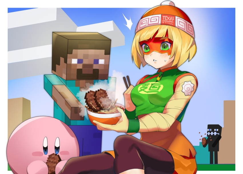 1boy 1girl 1other arms_(game) beanie block blonde_hair blue_eyes blush dish domino_mask eating enderman eyebrows_visible_through_mask food full_body green_eyes hat highres katwo kirby kirby_(series) knit_hat mask meat min_min_(arms) minecraft monster noodles ramen short_hair shorts steve_(minecraft) super_smash_bros.