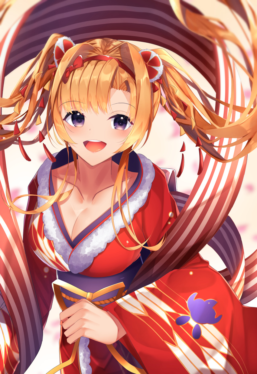 1girl :d absurdres bangs blush breasts brown_hair cleavage collarbone commentary_request eyebrows_visible_through_hair floating_hair fur-trimmed_kimono fur_trim granblue_fantasy hairband highres japanese_clothes kimono long_hair long_sleeves medium_breasts obi open_mouth purple_eyes red_hairband red_kimono round_teeth sash smile solo striped suisen-21 teeth twintails upper_teeth very_long_hair wide_sleeves zeta_(granblue_fantasy)
