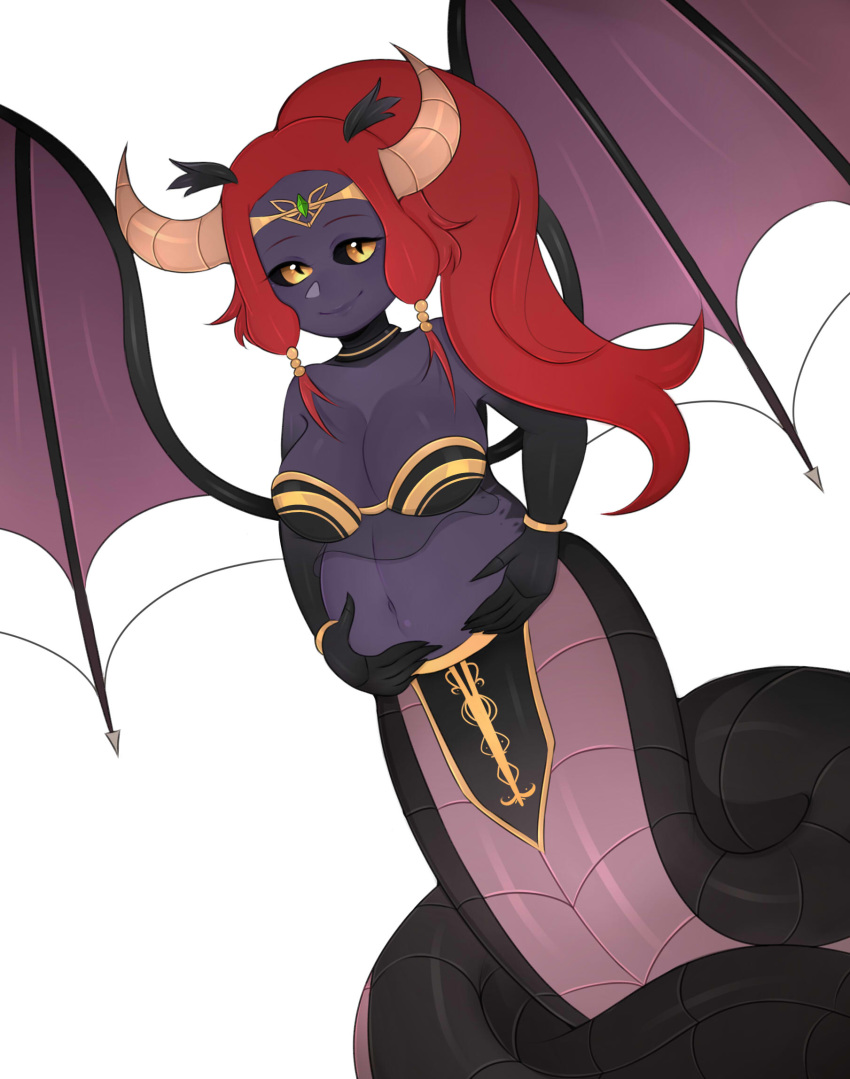 2019 apode black_body black_scales black_sclera bottomwear bra breasts cleavage clothed clothing draconcopode female hair hi_res horn lamia legless loincloth monster_girl_(genre) pregnant pupils purple_body purple_skin red_hair reptile scales scalie serpentine simple_background slit_pupils snake solo split_form underwear webvampi white_background wings yellow_eyes