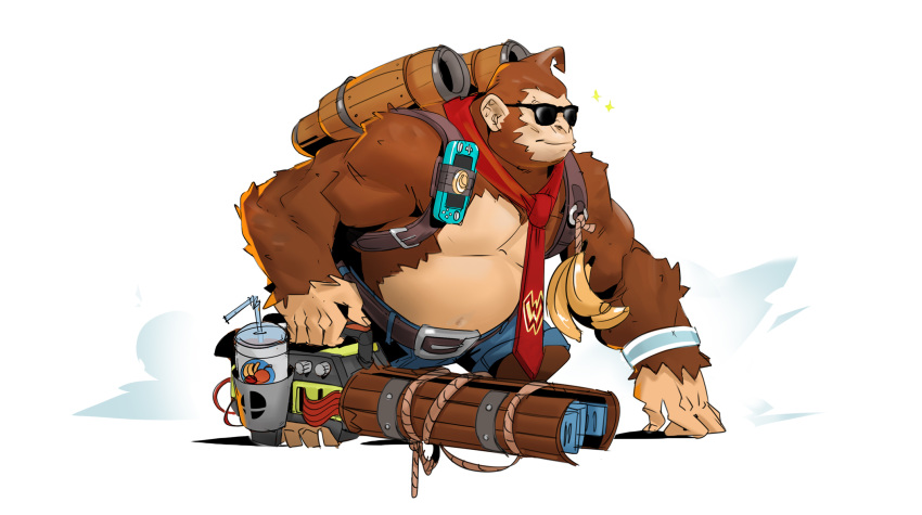 belt bendy_straw black_eyewear black_sunglasses blizzard_entertainment blue_bottomwear blue_clothing blue_shorts bottomwear clothed clothing donkey_kong_(series) eyewear full-length_portrait fur gun hi_res holding_gun holding_object holding_weapon male mammal necktie neexz nintendo overwatch portrait primate ranged_weapon red_necktie shorts simple_background solo straw sunglasses video_games weapon white_background winston_(overwatch)