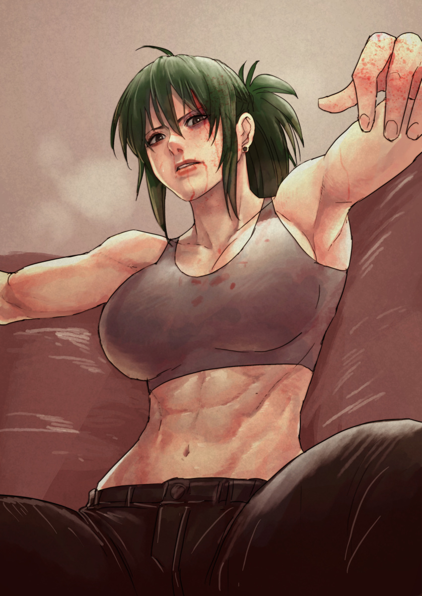 1girl abs absurdres after_battle ahoge armpits black_pants blood blood_on_face blood_splatter bloody_clothes bloody_hands breasts brown_eyes cirenk couch denim earrings green_hair grey_sports_bra highres hurt jeans jewelry large_breasts lips long_hair looking_at_viewer midriff muscular muscular_female navel nose original outstretched_arms pants parted_lips sidelocks sitting solo sports_bra stud_earrings sweat