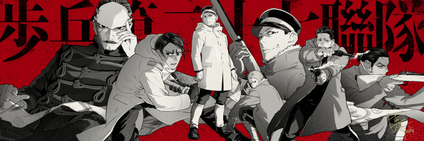 6+boys aiming arisaka background_text bangs black_eyes black_hair black_pants bolt_action boots buttons character_request closed_mouth coat collar collared_jacket facial_hair fingernails full_body gloves goatee golden_kamuy greyscale gun hair_bun hair_strand handgun hat headwear highres holding holding_weapon hood hood_down hooded_coat imperial_japanese_army jacket kepi koito_otonoshin long_sleeves looking_at_viewer looking_away male_focus military military_hat military_uniform mole monochrome multiple_boys mustache nikaidou_kouhei open_mouth pants parted_bangs pistol pocket red_background rifle scar scar_on_face sheath sheathed short_hair signature simple_background sitting smile spot_color standing star_(symbol) stubble sword translation_request tsukishima_hajime tsurumi_tokushirou uniform upper_body usami_tokishige weapon yoshimi