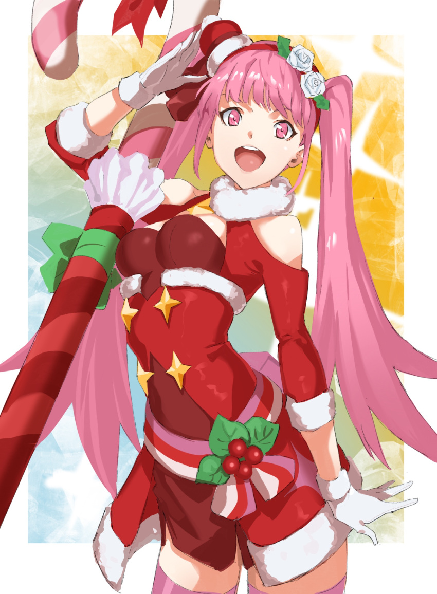 1girl :d arm_at_side arm_up bangs berries bobblehat breasts candy candy_cane christmas clothing_cutout cowboy_shot dress eyebrows_behind_hair facing_away fire_emblem fire_emblem:_three_houses fire_emblem_heroes flower food fur-trimmed_headwear fur_collar fur_trim gloves hairband hat highres hilda_valentine_goneril holly leaf legs_apart long_hair looking_at_viewer medium_breasts mini_hat open_mouth oversized_food oversized_object pink_eyes pink_hair pink_legwear pom_pom_(clothes) pretty-purin720 red_dress red_hairband red_headwear round_teeth salute santa_hat short_dress shoulder_cutout sleeves_past_elbows smile solo teeth thighhighs twintails very_long_hair white_flower white_gloves zettai_ryouiki