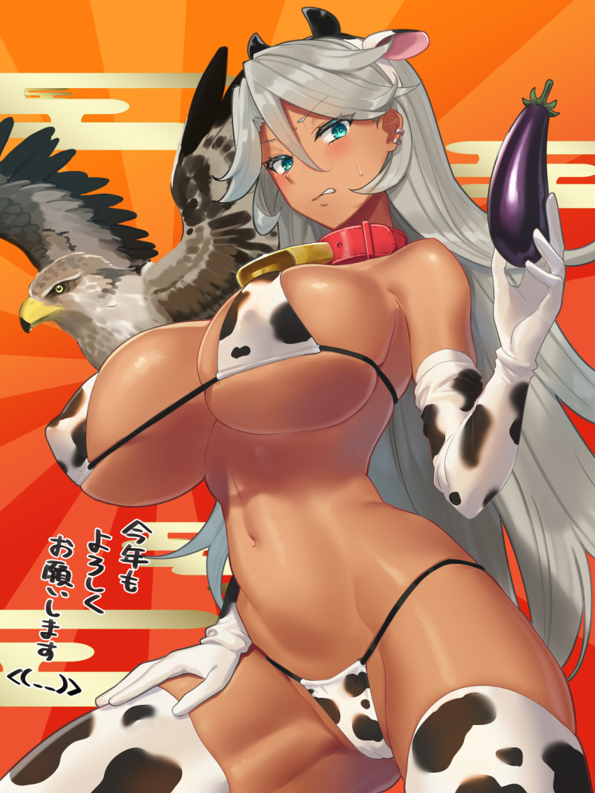 1girl animal_print aqua_eyes bell bell_collar bikini bird breasts cleavage clenched_teeth collar commentary_request covered_nipples cow_print dark_skin ear_piercing eggplant elbow_gloves falcon food gloves hatsuyume highres holding holding_food holding_vegetable large_breasts long_hair looking_at_viewer navel ohlia original piercing silver_hair sun sweatdrop swimsuit teeth thighhighs translation_request vegetable