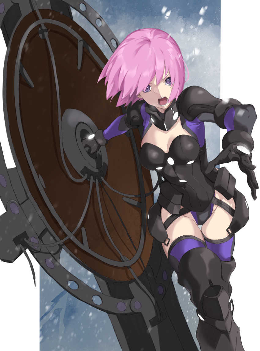 1girl absurdres armor armored_boots armored_leotard bangs black_armor black_footwear black_gloves black_leotard boots breasts cleavage eyebrows_behind_hair fate/grand_order fate_(series) gloves gorget groin hair_between_eyes highres holding holding_shield leotard looking_at_viewer mash_kyrielight medium_breasts open_mouth ortenaus pink_hair pretty-purin720 purple_eyes purple_legwear shield short_hair snow snowing solo teeth thigh_gap thighhighs thighs