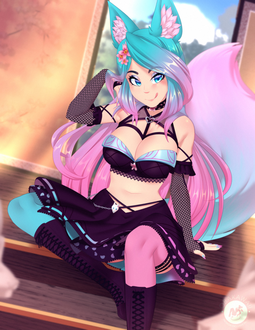 1girl animal_ears artist_name boots breasts cleavage closed_mouth eyebrows_visible_through_hair eyelashes flower flower_choker fox_ears fox_girl fox_tail gradient_hair gradient_nails gradient_tail hair_flower hair_ornament highres indie_virtual_youtuber indoors large_breasts leather_belt looking_at_viewer mismatched_legwear multicolored_hair navel obakawaii pink_legwear silvervale solo tail tongue virtual_youtuber vshojo
