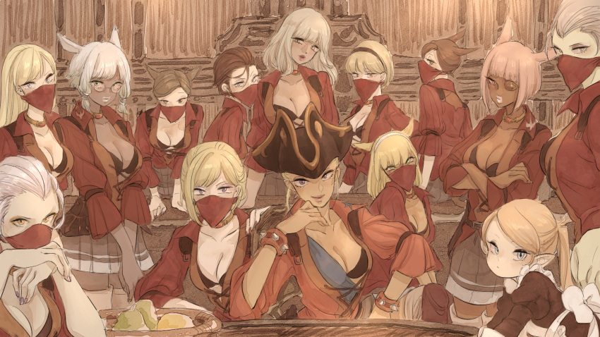 6+girls animal_ears blonde_hair bra bracelet breasts brown_hair cat_ears center_opening chair cleavage crossed_arms dark_skin eyepatch final_fantasy final_fantasy_xiv glasses hat highres hyur inu_kai_tai jewelry lalafell looking_at_viewer maid mask miqo'te mouth_mask multiple_girls pale_skin pink_hair pirate_hat roegadyn silver_hair skirt smile spiked_bracelet spikes table thighhighs underwear