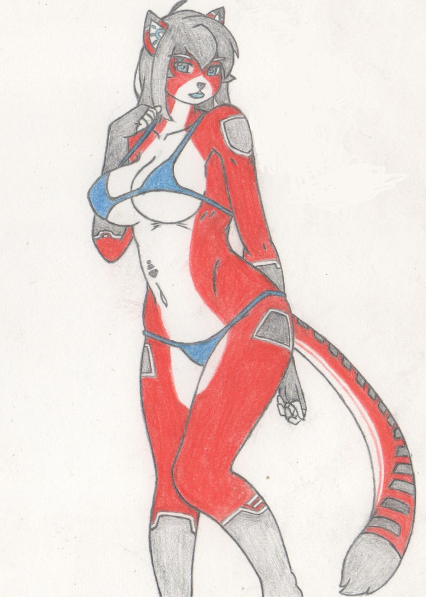 android ara black_body black_fur black_hair blue_eyes clothing colored_pencil_(artwork) domestic_cat felid feline felis female fur hair hi_res imjim007 machine mammal open_mouth red_body red_fur robot solo traditional_media_(artwork) white_body white_fur