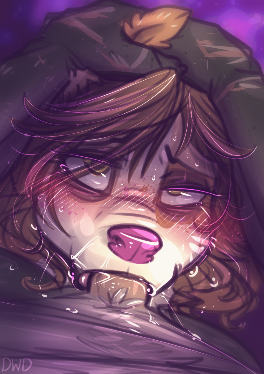 anthro blush bodily_fluids brown_body brown_fur brown_hair canid canine canis deep_throat dimmi_(character) dimwitdog domestic_dog fellatio female first_person_view forced forced_oral fur genital_fluids genitals hair hi_res male male/female male_pov mammal oral penile penis pink_nose pov_blowjob sex white_body white_fur