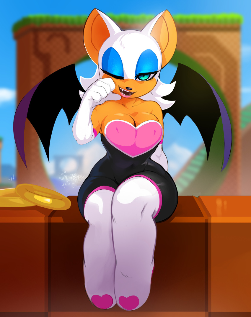 &lt;3 anthro armwear boots breasts chiropteran cleavage clothed clothing elbow_gloves female footwear gloves handwear hi_res legwear looking_at_viewer mammal one_eye_closed ring_(sonic) rouge_the_bat shnider sitting solo sonic_the_hedgehog_(series) thigh_boots thigh_highs wings wink