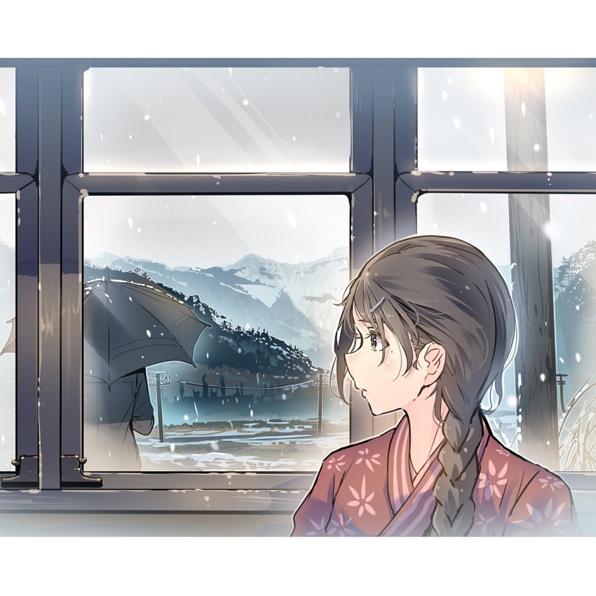 1girl 1other bangs braid brown_eyes brown_hair daito hair_ornament hairclip highres japanese_clothes long_hair looking_to_the_side mountainous_horizon original snowing train_interior umbrella upper_body