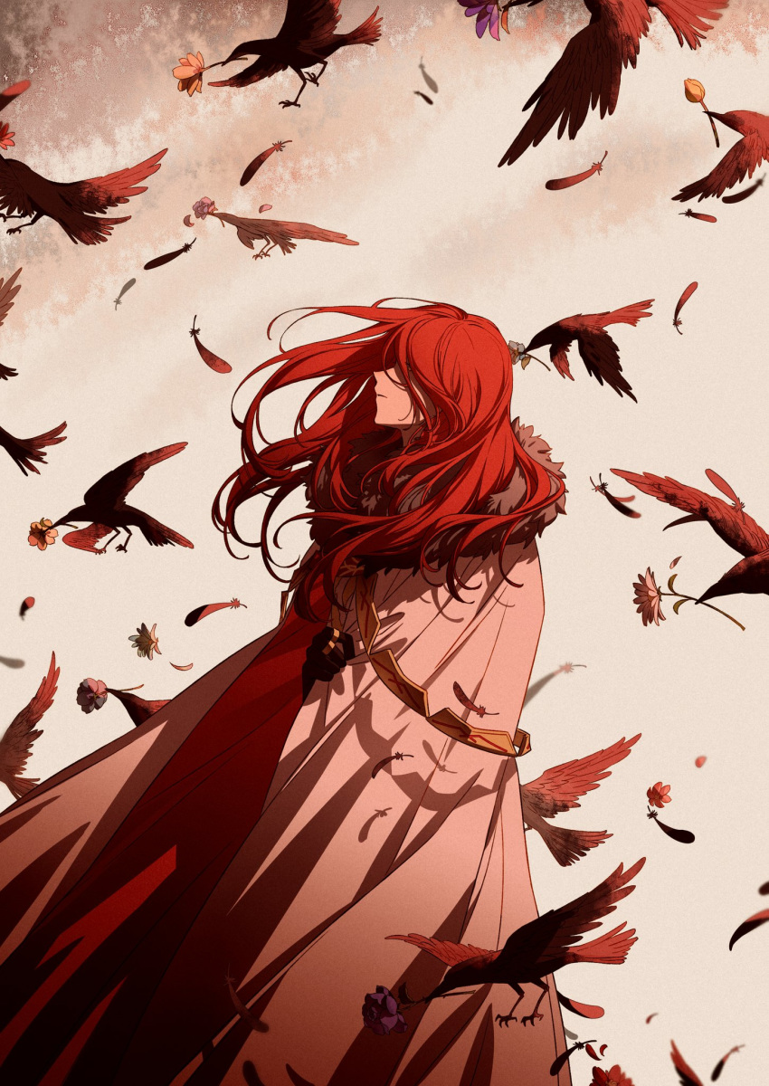 1boy bird cape feathers flower gloves highres holding holding_cape long_hair looking_away red_hair solo_focus tristan_(fate/grand_order)