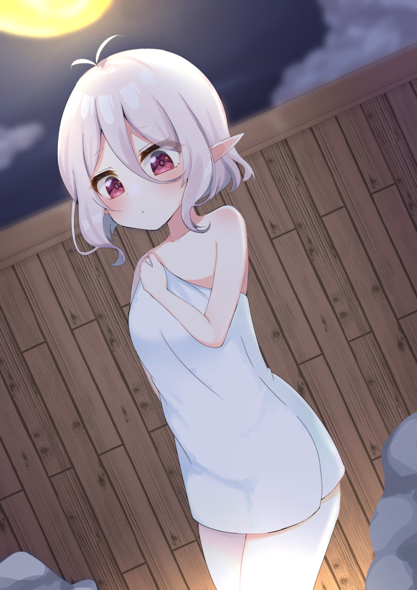 1girl :o antenna_hair bangs bare_arms bare_shoulders blurry blurry_background blush breasts cloud collarbone commentary_request depth_of_field dutch_angle eyebrows_visible_through_hair fence full_moon hair_between_eyes hand_up highres kokkoro_(princess_connect!) moon naked_towel night night_sky outdoors parted_lips pointy_ears princess_connect! princess_connect!_re:dive red_eyes silver_hair sky small_breasts solo standing suzu_(minagi) towel