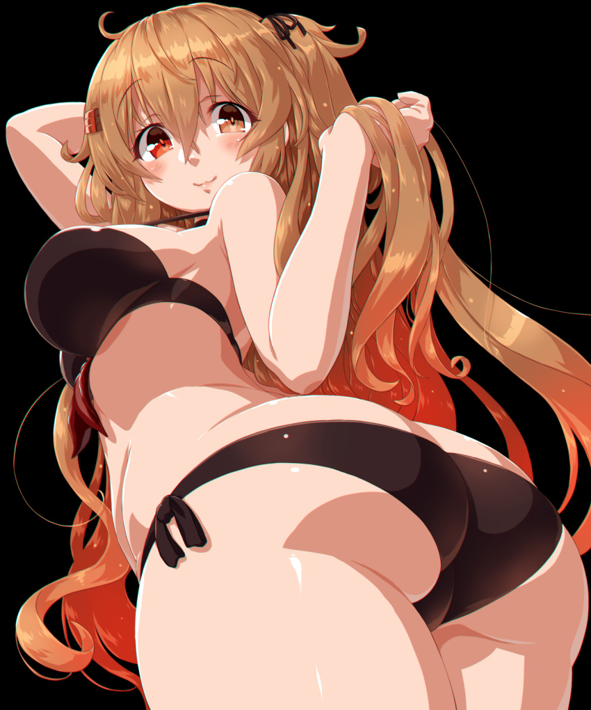 1girl ass bangs bikini black_background black_bikini blush breasts brown_eyes crossed_bangs dark_background dd_(ijigendd) from_behind hair_ornament hair_tie heterochromia highres holding holding_hair kantai_collection large_breasts light_brown_hair lips long_hair looking_at_viewer murasame_(kantai_collection) red_eyes remodel_(kantai_collection) side-tie_bikini sidelocks smile solo swimsuit