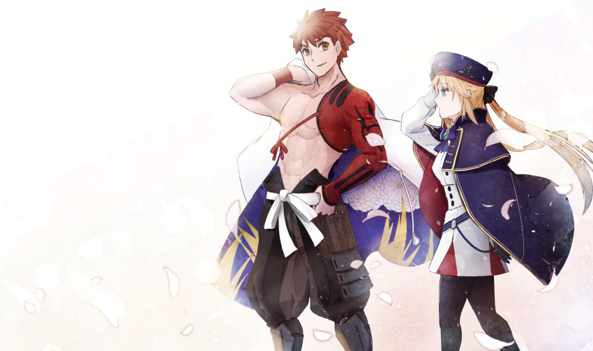 1boy 1girl artoria_pendragon_(all) artoria_pendragon_(caster) bangs belt beret blonde_hair blue_cape blue_headwear cape commentary_request cowboy_shot emiya_shirou fate/grand_order fate_(series) floral_print green_eyes hat highres igote limited/zero_over long_hair long_sleeves low_twintails orange_eyes petals red_hair ribbon sengo_muramasa_(fate) smile striped_belt twintails wristband y_udumi