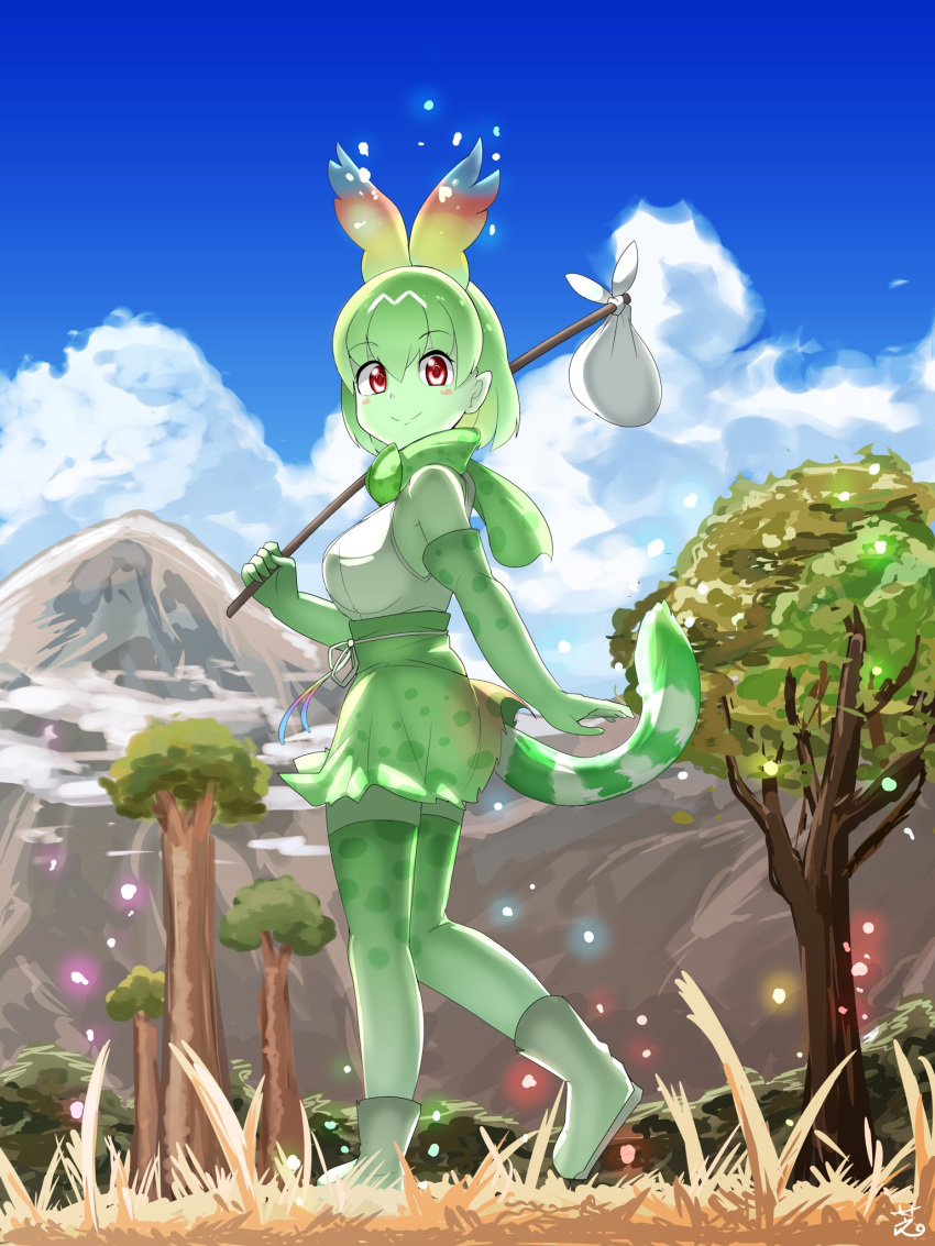 1girl animal_ears bare_shoulders bow bowtie cerval colored_skin commentary_request elbow_gloves extra_ears eyebrows_visible_through_hair full_body gloves green_footwear green_gloves green_hair green_legwear green_neckwear green_skin green_skirt high-waist_skirt highres kemono_friends multicolored_hair print_gloves print_legwear print_neckwear print_skirt rainbow_hair red_eyes serval_ears serval_girl serval_print serval_tail shi_(kamokamo910) shirt short_hair skirt sleeveless solo sparkle tail thighhighs walking white_shirt