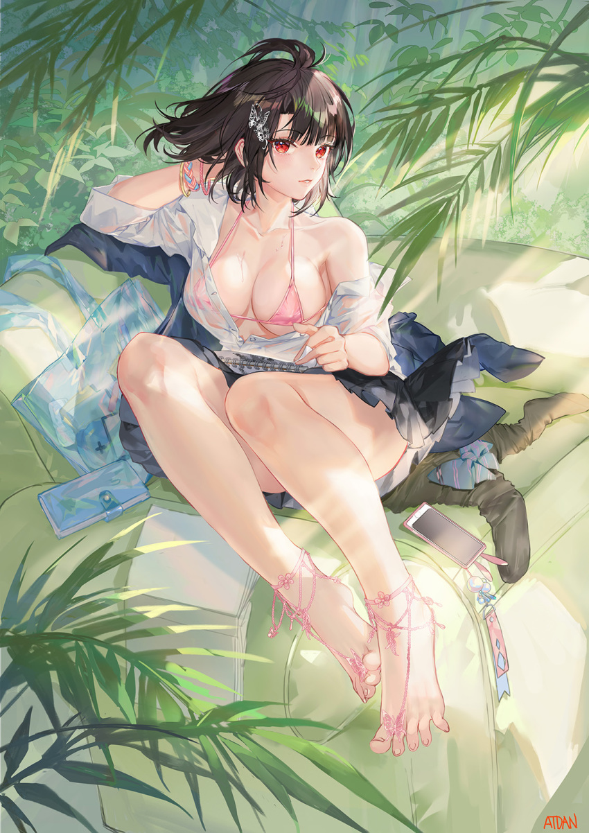 1girl ahoge arm_up atdan bag bare_shoulders barefoot barefoot_sandals black_hair black_skirt bra breasts button_gap cleavage collarbone collared_shirt feet hair_ornament halterneck highres large_breasts looking_at_viewer miniskirt off_shoulder open_clothes open_shirt original parted_lips phone pink_bra pleated_skirt red_eyes revision see-through shirt short_hair sidelocks skirt solo spread_toes string_bra thighs toes underwear wet wet_clothes wet_shirt white_shirt