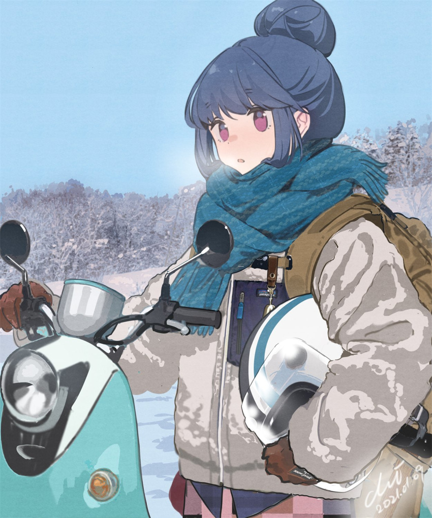 1girl blue_hair blush breath cold gloves ground_vehicle hair_bun helmet highres motor_vehicle nature open_mouth outdoors purple_eyes scarf scooter shima_rin solo winter_clothes xiao_chichi yamaha_vino yurucamp