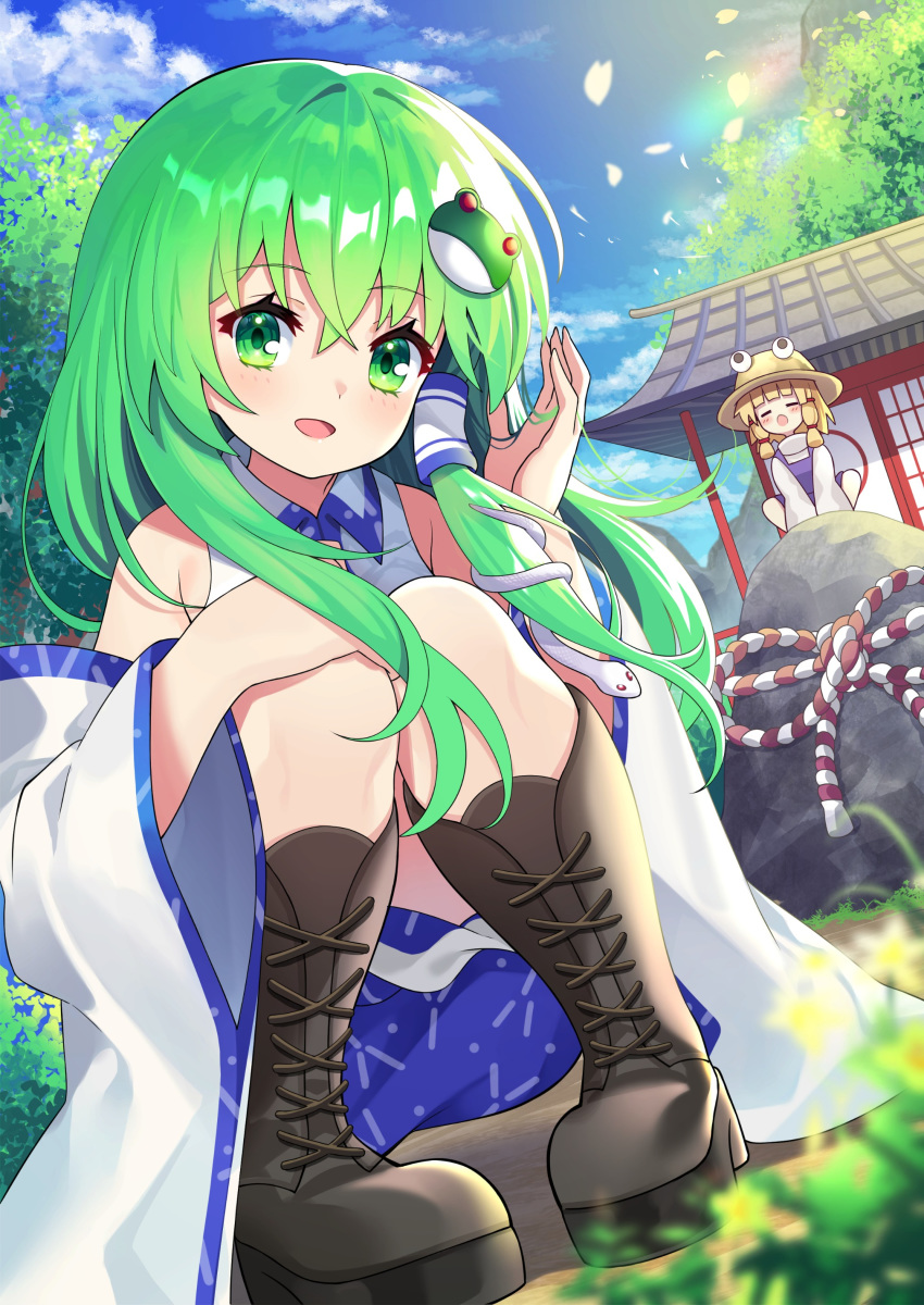 2girls :d =_= absurdres architecture bangs bare_shoulders blonde_hair blush brown_headwear cloud crossed_bangs day detached_sleeves dutch_angle east_asian_architecture falling_petals frog_hair_ornament green_eyes green_hair hair_between_eyes hair_ornament hair_tubes hat highres kochiya_sanae looking_at_viewer medium_hair moriya_suwako multiple_girls open_mouth outdoors petals pyonta rock rope shimenawa shirt sidelocks sky smile snake_hair_ornament squatting touhou tree white_shirt wide_sleeves yuujin_(yuzinn333)