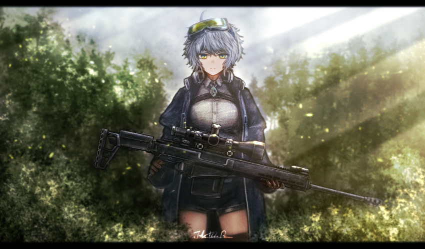 1girl chukavin_svch expressionless girls_frontline gloves goggles goggles_on_head green_eyes gun headphones headphones_around_neck highres holding holding_gun holding_weapon jacket jhands_onpc looking_at_viewer nature outdoors rifle scope shirt short_hair shorts silver_hair sniper_rifle solo svch_(girls_frontline) thighhighs thighs weapon white_shirt