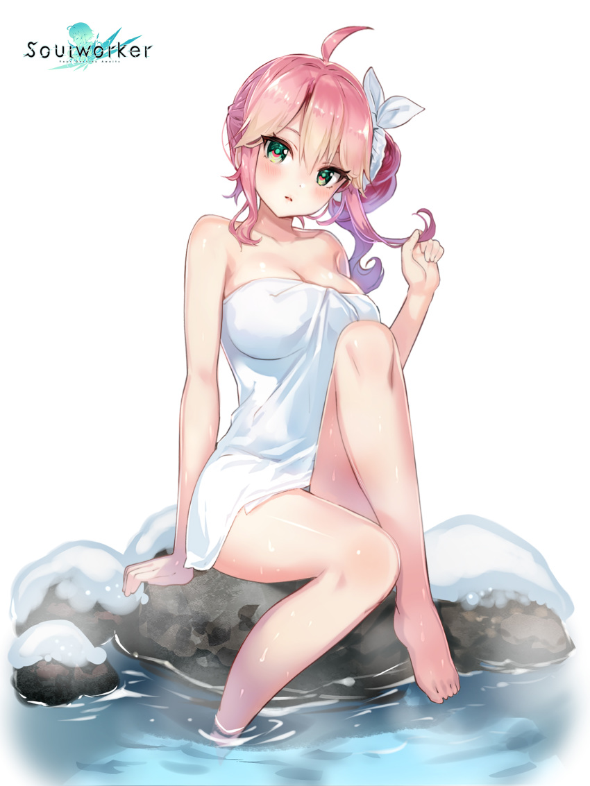 1girl absurdres ahoge aqua_eyes arm_support bare_arms bare_shoulders barefoot breasts chii_aruel cleavage collarbone gradient_hair hair_ribbon hand_up head_tilt highres holding holding_hair knee_up large_breasts long_hair looking_at_viewer multicolored_hair naked_towel official_art onsen parted_lips pink_hair ribbon ripples rock side_ponytail simple_background sitting solo soul_worker steam thighs towel water watermark wavy_hair wet white_background