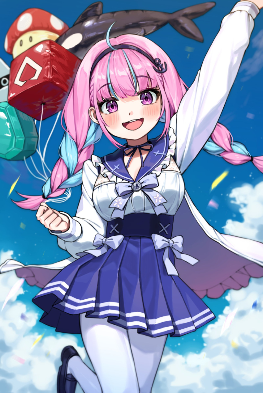 1girl :d ahoge anchor_hair_ornament anchor_print anchor_symbol arm_above_head balloon bangs black_footwear blooper blue_bow blue_dress blue_hair blunt_bangs blush bow braid breasts brooch clenched_hand cloud cloudy_sky day dress eyebrows_visible_through_hair foot_out_of_frame hair_ornament highres holding holding_balloon hololive jewelry long_sleeves looking_at_viewer mario_(series) medium_breasts minato_aqua multicolored_hair open_mouth outdoors pantyhose pink_eyes pink_hair pleated_skirt sash skirt sky smile solo streaked_hair twin_braids twintails two-tone_hair upper_teeth useq1067 virtual_youtuber white_legwear