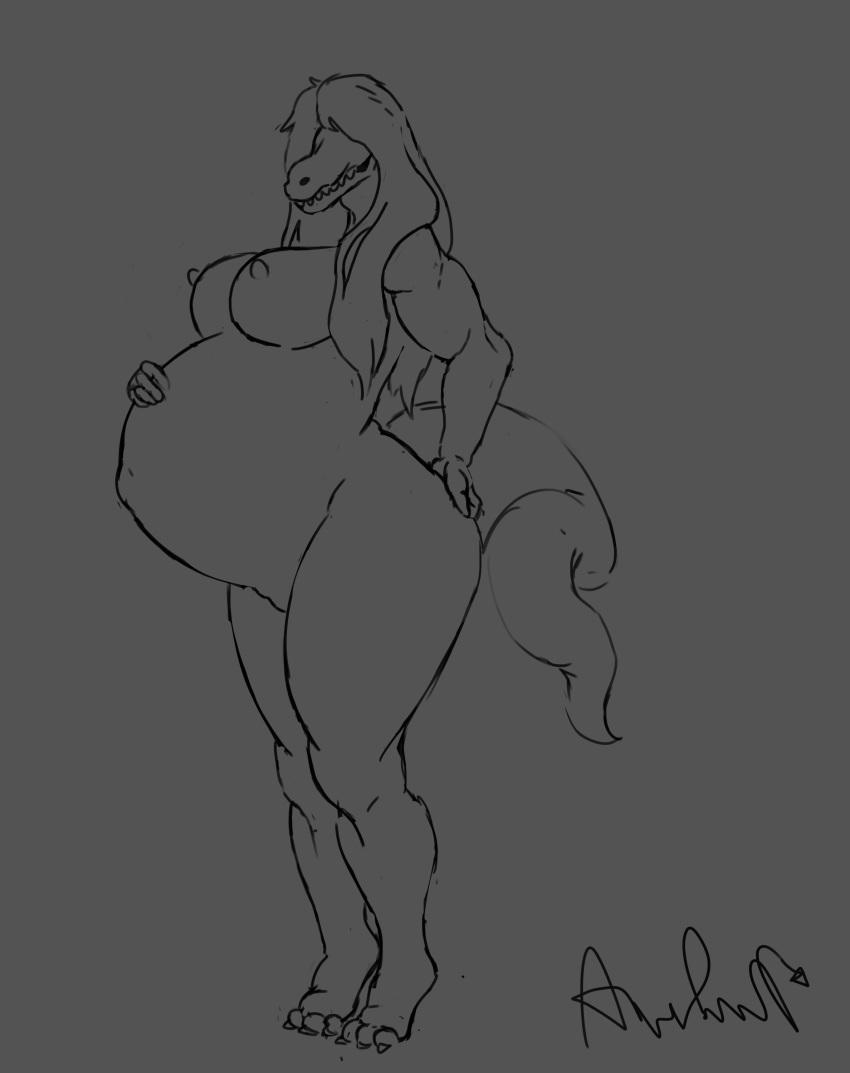 absurd_res anthro awful_lad belly big_belly big_breasts bone breasts female hair hi_res lizard long_hair monochrome muscular muscular_anthro muscular_female nipples non-mammal_breasts nude pregnant reptile scalie scp-682 scp_foundation skull solo thick_thighs wide_hips