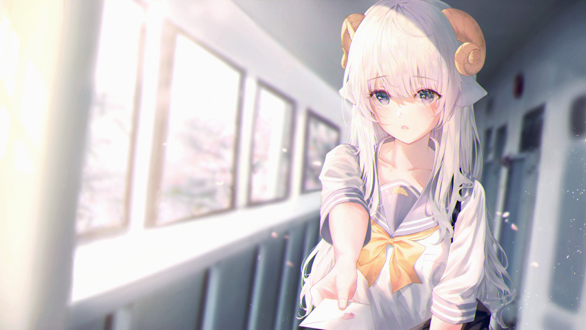 animal_ears horns long_hair neiless_neiro original school_uniform sheepgirl white_hair