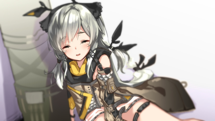 1girl :d arknights bangs bare_legs bare_shoulders black_gloves cannon closed_eyes commentary_request detached_sleeves feet_out_of_frame gloves grey_jacket hellnyaa highres jacket long_hair long_sleeves looking_at_viewer low-tied_long_hair open_mouth red_eyes sidelocks silver_hair sitting sleeping smile solo thigh_strap thighs tired very_long_hair weapon weedy_(arknights) white_background yokozuwari