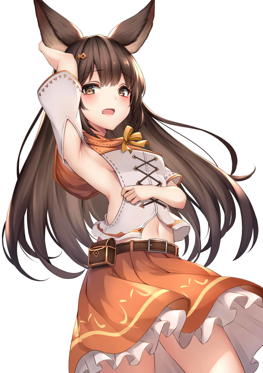 1girl animal_ears aster_(granblue_fantasy) blush brown_eyes brown_hair erune granblue_fantasy hair_ornament hairclip highres long_hair looking_at_viewer midriff navel sideless_outfit solo stomach ym_(distance819)