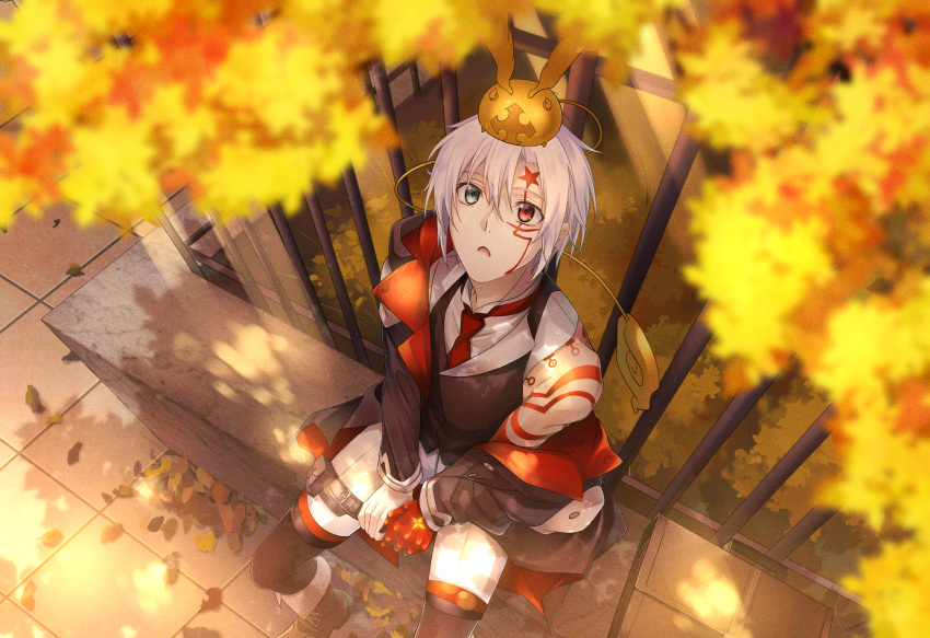 1boy allen_walker autumn between_legs black_coat black_legwear black_vest blurry_foreground boots coat d.gray-man facial_mark from_above green_eyes hand_between_legs heterochromia highres huge_filesize legwear_under_shorts looking_up male_focus necktie noan open_clothes open_coat open_mouth pantyhose red_eyes red_neckwear shirt short_hair short_shorts shorts silver_hair sitting solo timcanpy vest white_shirt white_shorts