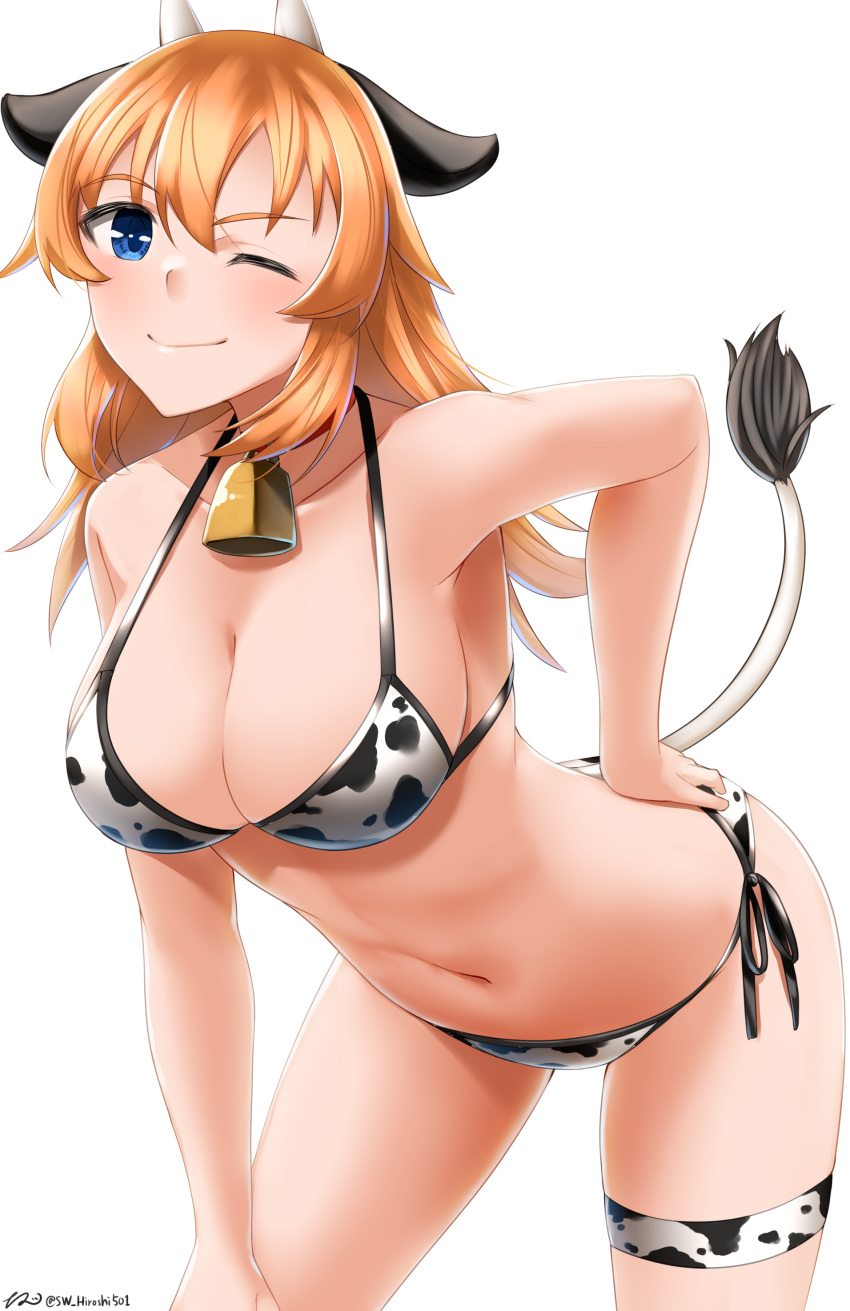 1girl absurdres animal_ears animal_print bell bell_collar bikini blue_eyes blush breasts charlotte_e_yeager chinese_zodiac cleavage closed_mouth collar cow_ears cow_girl cow_horns cow_print cow_tail fake_animal_ears fake_horns hand_on_hip highres hiroshi_(hunter-of-kct) horns large_breasts looking_at_viewer navel one_eye_closed orange_hair shiny shiny_hair side-tie_bikini simple_background smile solo strike_witches swimsuit tail white_background world_witches_series year_of_the_ox