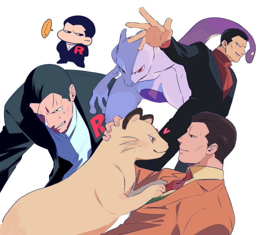 ... 1boy black_hair black_jacket collared_shirt commentary_request formal gen_1_pokemon giovanni_(pokemon) green_(grimy) green_vest highres jacket legendary_pokemon male_focus mewtwo necktie orange_jacket outstretched_arm parted_lips persian pokemon pokemon_(anime) pokemon_(classic_anime) pokemon_(creature) pokemon_(game) pokemon_frlg pokemon_lgpe red_neckwear shirt short_hair smirk spoken_ellipsis spread_fingers suit sweat team_rocket vest yellow_shirt