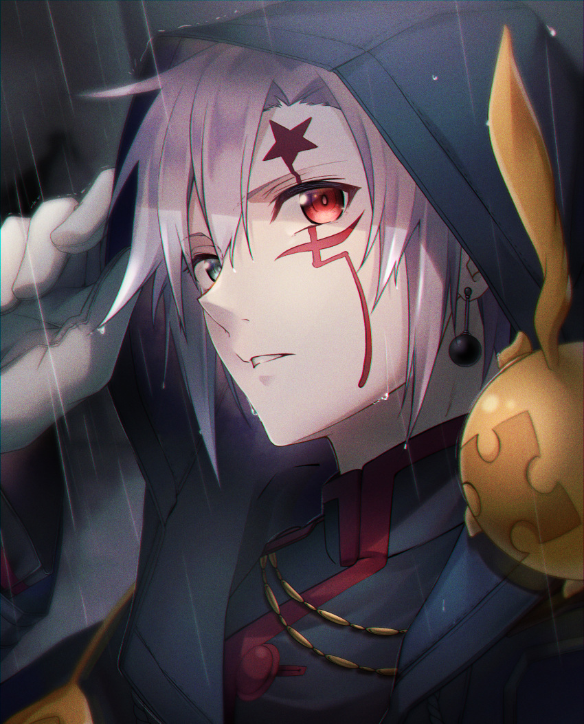 1boy allen_walker bangs black_coat black_jacket black_order_uniform coat d.gray-man earrings facial_mark gloves green_eyes hair_between_eyes heterochromia highres hood hood_up hooded_coat jacket jewelry male_focus noan portrait rain red_eyes short_hair silver_hair solo timcanpy white_gloves