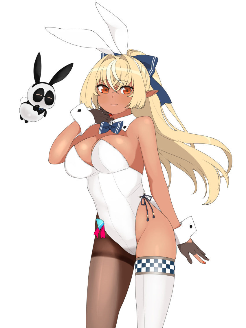 1girl animal_ears bangs black_gloves black_ribbon blonde_hair blue_bow blue_neckwear blue_ribbon bow bowtie breasts bunny_ears bunny_tail checkered cleavage closed_mouth crossed_bangs dark_elf dark_skin dark_skinned_female detached_collar elf eyebrows_visible_through_hair eyes_visible_through_hair fake_animal_ears gloves groin hair_between_eyes hair_intakes hair_ribbon hand_up highleg highleg_leotard highres hololive kintsuba_(shiranui_flare) leotard lewis long_hair multicolored_hair orange_eyes pantyhose partially_fingerless_gloves playboy_bunny pointy_ears ponytail ribbon shiranui_flare simple_background skindentation smile strapless strapless_leotard streaked_hair tail thighs two-tone_hair very_long_hair virtual_youtuber white_background white_hair white_legwear wrist_cuffs