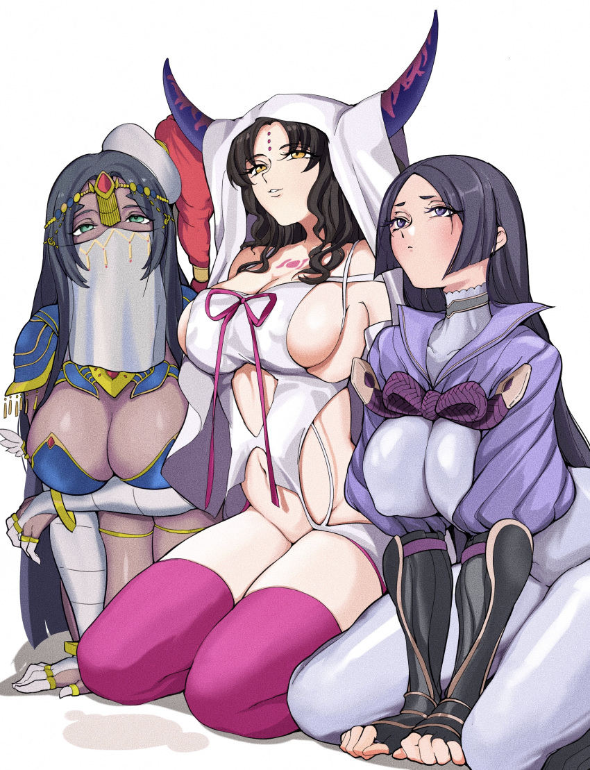 3girls absurdres arm_wrap armlet armor bandaged_arm bandages bangs bare_shoulders black_gloves black_hair blue_armor bodysuit bracelet breastplate breasts bridal_gauntlets chest_tattoo circlet cleavage collarbone dark_skin dark_skinned_female dress elbow_gloves facial_mark fate/extra fate/extra_ccc fate/grand_order fate_(series) fingerless_gloves forehead_jewel forehead_mark gloves green_eyes hat highres horns japanese_armor jewelry kneeling kote lamsass large_breasts leaning_forward long_hair long_sleeves looking_at_viewer low-tied_long_hair minamoto_no_raikou_(fate/grand_order) mouth_veil multiple_girls navel parted_bangs pauldrons pelvic_curtain pink_legwear purple_bodysuit purple_eyes purple_hair ribbed_sleeves ring rope scheherazade_(fate/grand_order) sesshouin_kiara shoulder_armor sideboob tassel tattoo thighhighs thighlet thighs veil very_long_hair wavy_hair white_dress wide_sleeves yellow_eyes