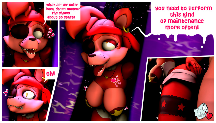 absurd_res anthro breasts canid canine clothed clothing costume dialogue duo ecto-luvr english_text eye_patch eyewear fangs female five_nights_at_freddy's fox foxy_(fnaf) from_behind_position garter_belt garter_straps hanging_breasts hi_res human humanoid looking_pleasured machine male male/female mammal partially_clothed pasties piercing pirate robot rockstar_foxy_(fnaf) sex speech_bubble text video_games